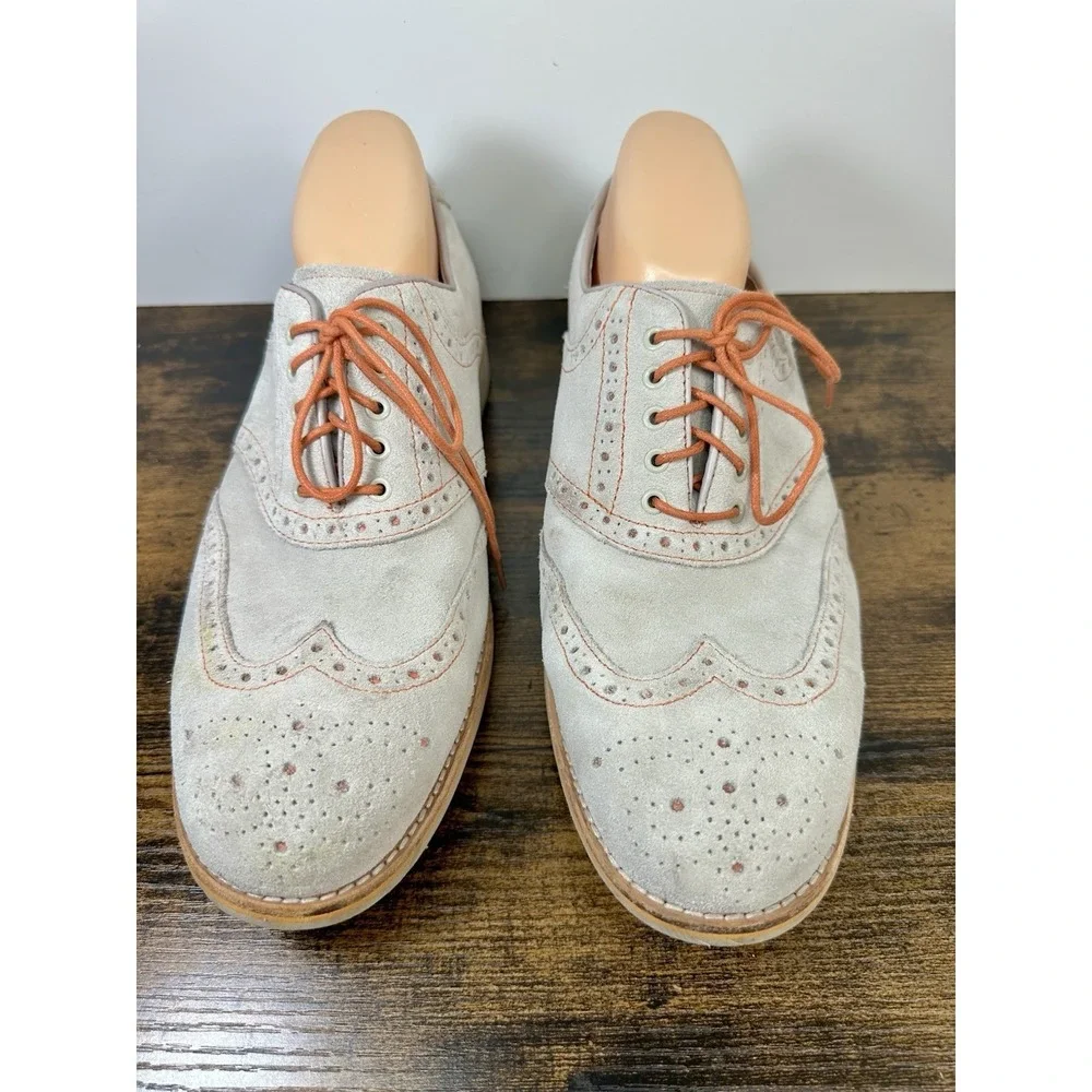 Johnston & Murphy Mens 10M Suede Wingtip Oxford Shoes Gray Sheepskin Lace Up
